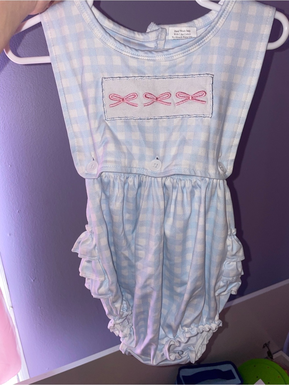 Blue Gingham Baby Bubble Romper with Pink Bow Embroidery